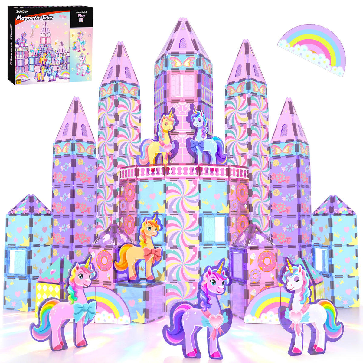 GobiDex 100PCS Magnetic Tiles Unicorn Toys Building Set with 6 Unicorns