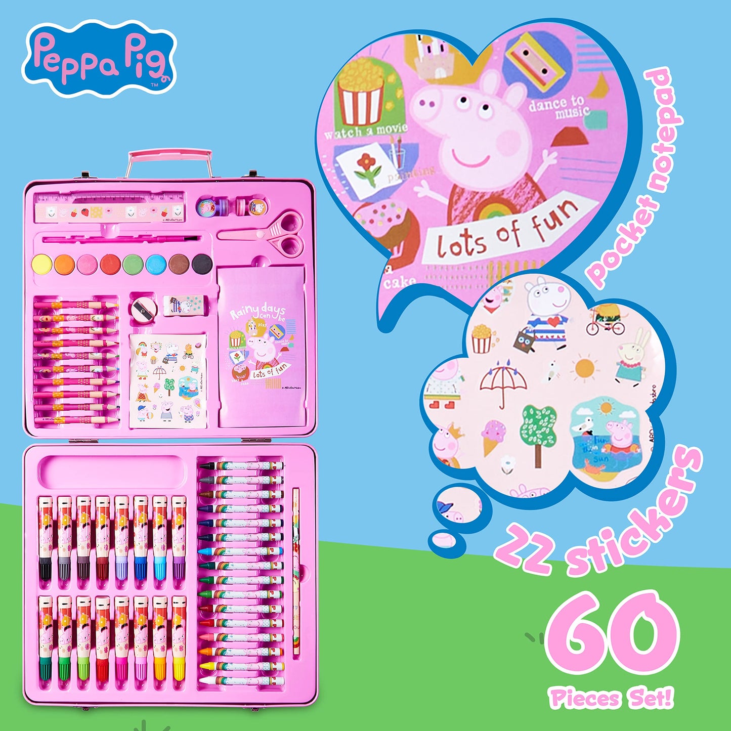 Peppa Pig Kids Art Set - Complete Drawing & Coloring Kit, Pink, Model 1114E, Travel Case Included