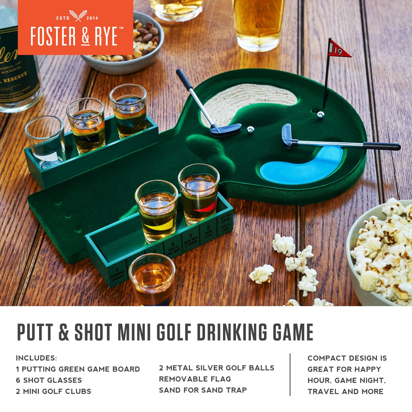 Foster & Rye Mini Golf Shot Game Set - Drinking Game for Adults, Glass/Plastic/Wood, Green, Model 10504, Set of 1, 2+ Players