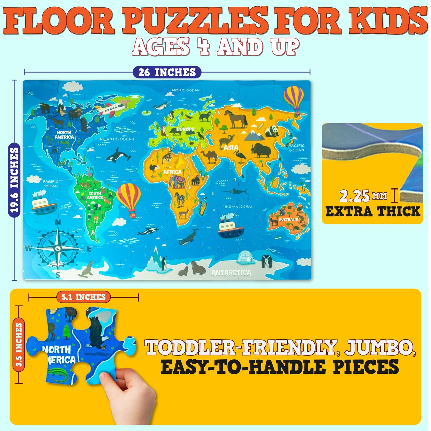 Only Zest Educational Floor Puzzles 3 Pack - World Map Puzzles for Kids Ages 4-8, United States Puzzle & Solar System Set, 48 Ju