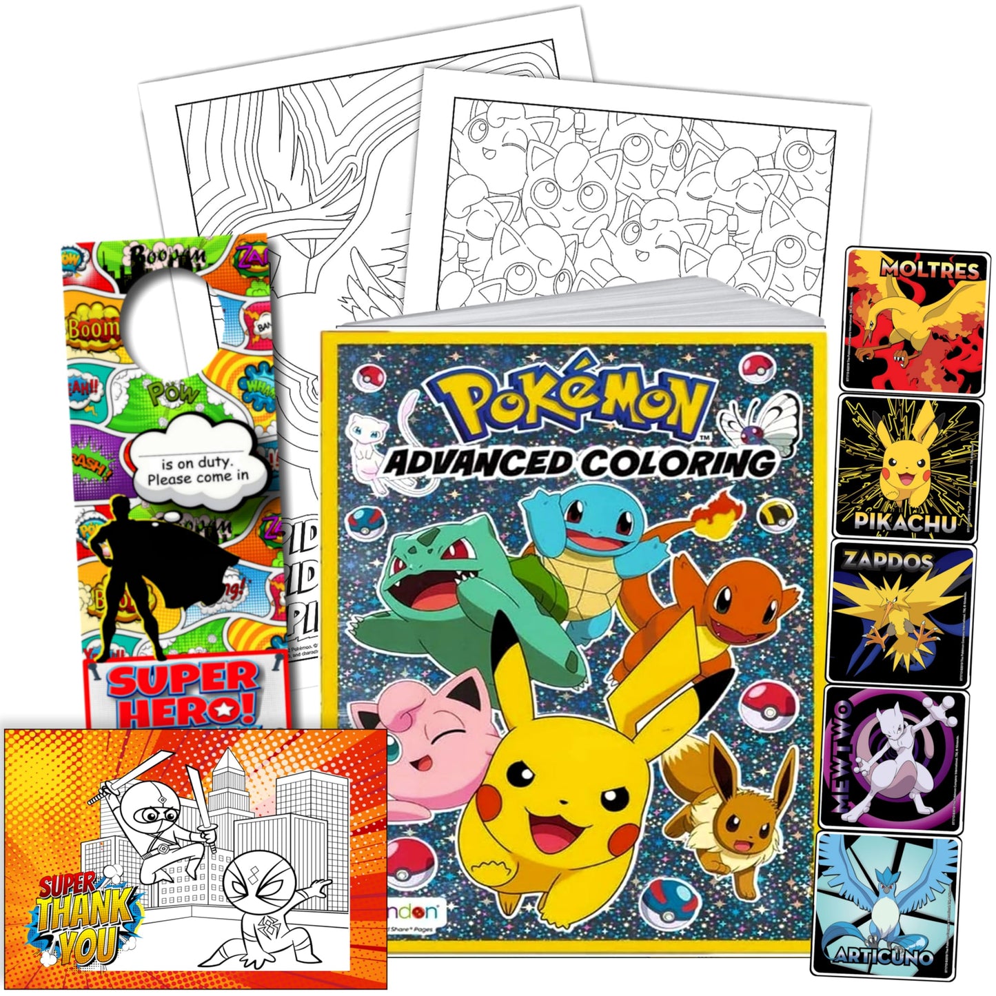 Pokemon Advanced Coloring And Stickers Activity Set- Bundle Includes Pokeman Advanced Coloring Book, Sticker Book, Pokeman Reward Stickers, 2-Sided Door Hanger