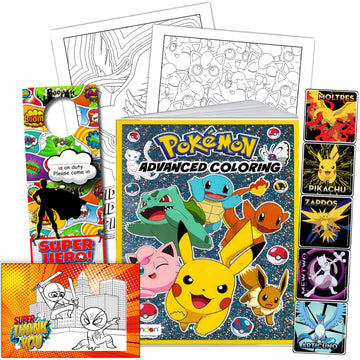 Pokemon Advanced Coloring And Stickers Activity Set- Bundle Includes Pokeman Advanced Coloring Book, Sticker Book, Pokeman Reward Stickers, 2-Sided Door Hanger