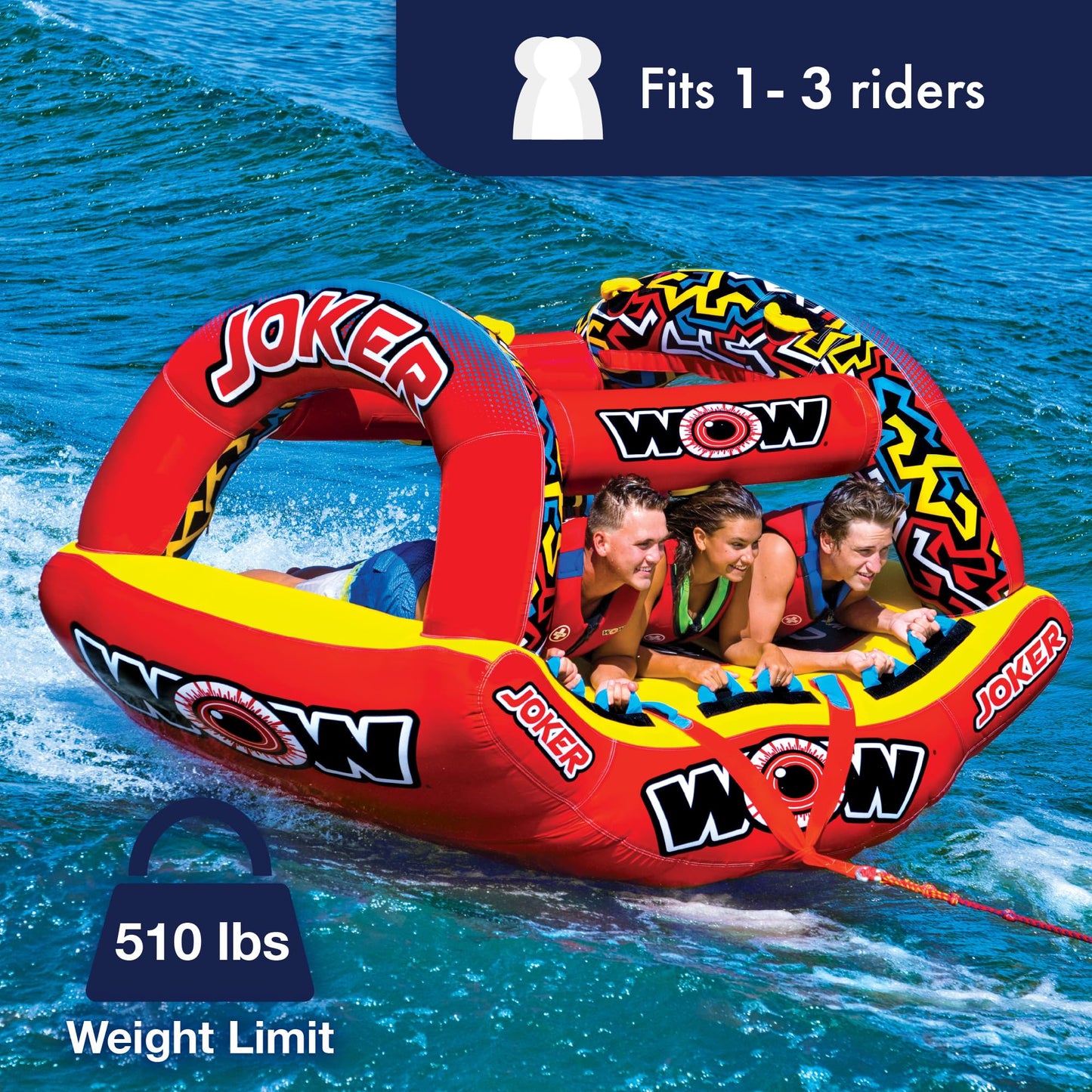 WOW Sports Joker Towable Tube - 1 to 3 Person, Multi-Color, Model 21-1020, Ideal for Boating Fun