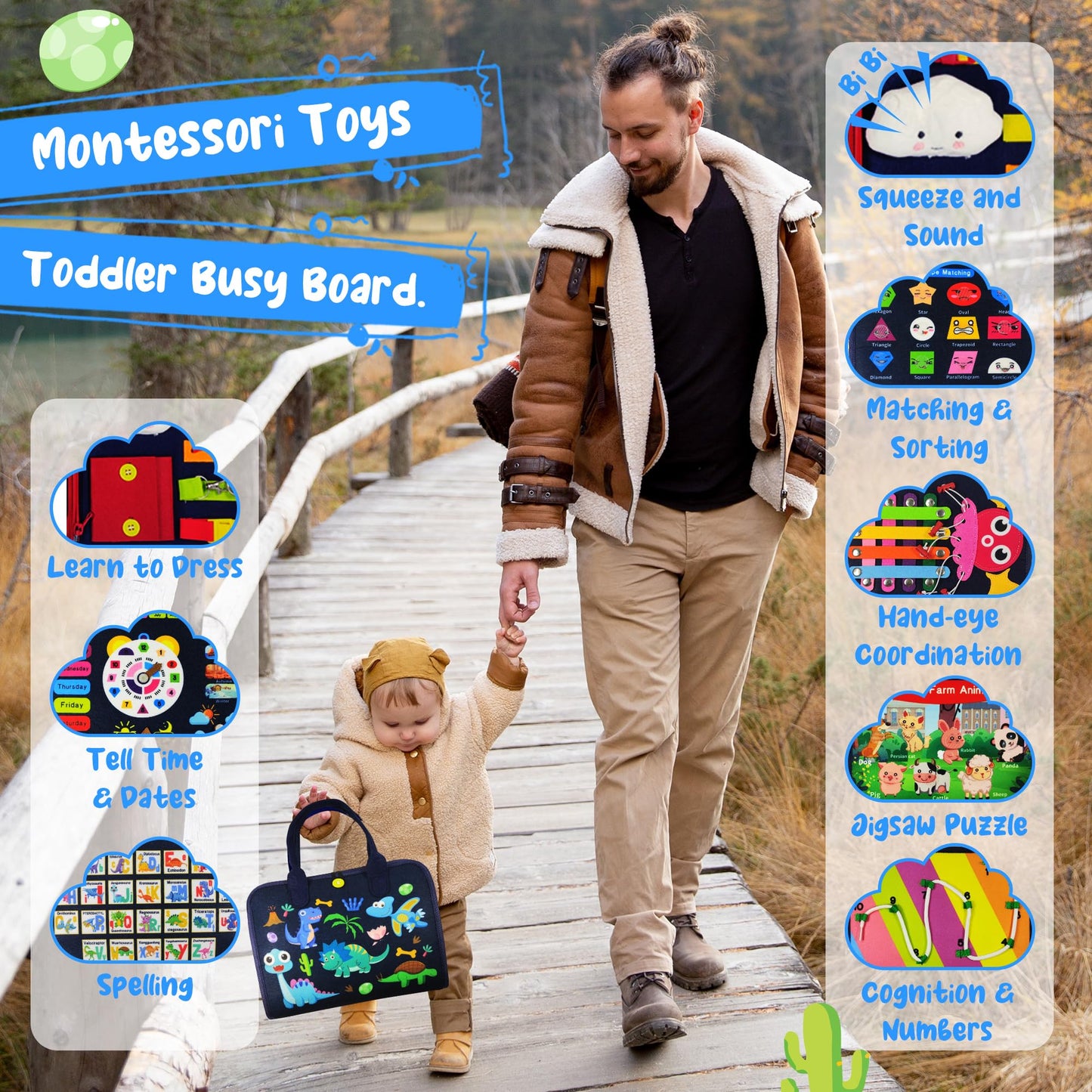Tenfans Busy Board - Montessori Toys For 1 2 3 4 Year Old - Sensory Toys For Toddlers 1-4 - Gifts For Boys Learning Fine Motor Skills - Educational Activities Travel Toys For Car Airplane