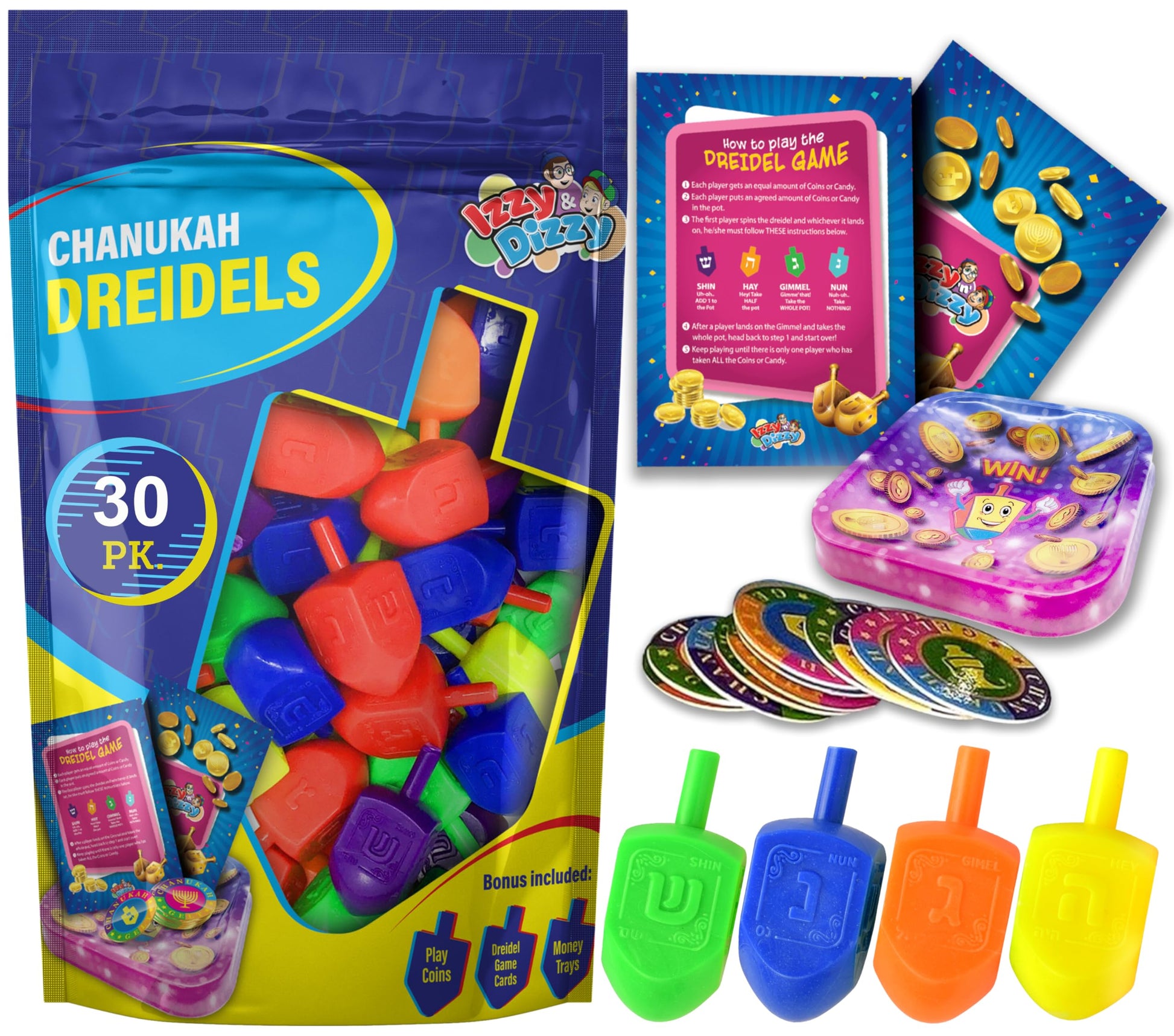 Izzy 'n' Dizzy Medium Dreidels Assorted Colors with Classic Chanukah Spinning Draidel Game  Gift and Prize - Bulk (Pack of 30)