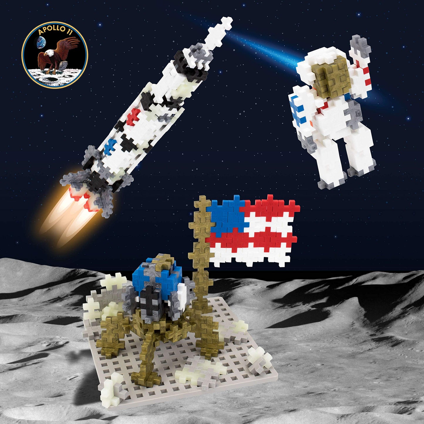 PLUS PLUS Apollo 11 Space Playset Bundle - Medium STEM Toy, Interlocking Blocks, White/Gray, Model RS_BB0109