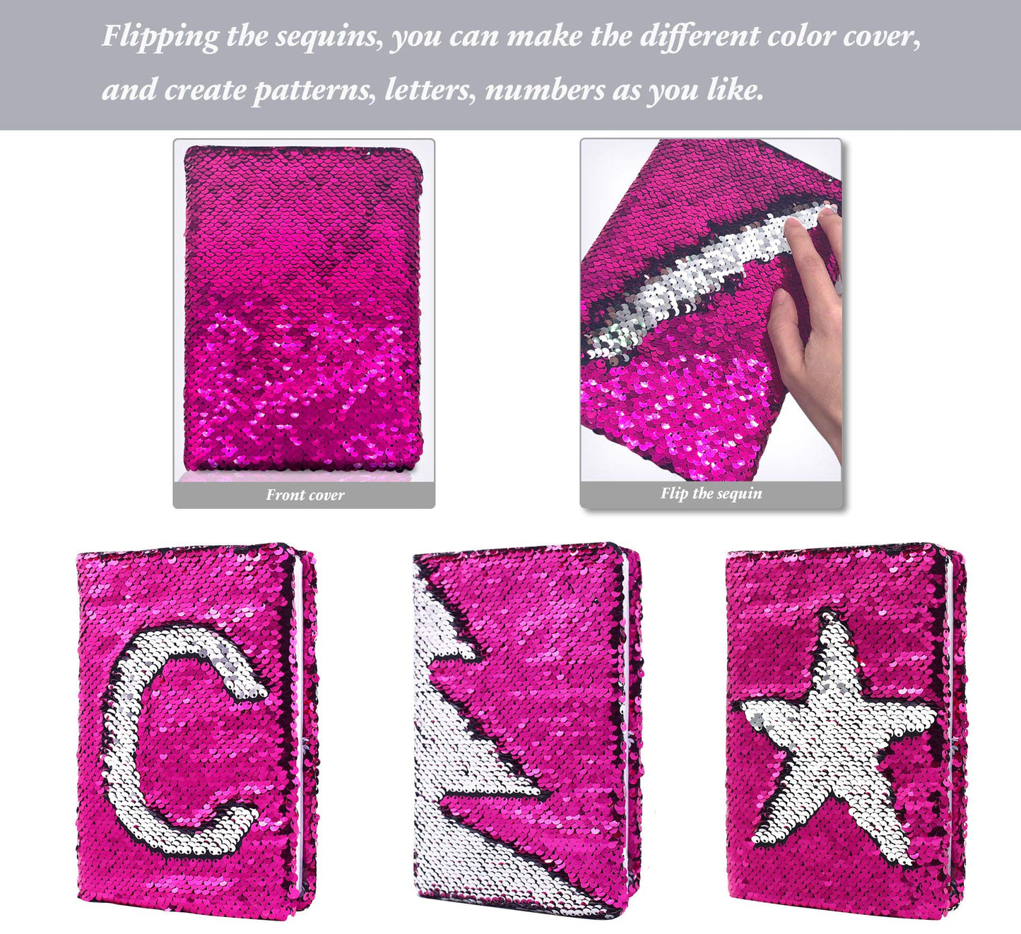 Ginmlyda Sequin Girls Journal For Kids, 8.5X5.5 Inches 160 Lined Pages Diary For Girls And Boys Reversible Flip Sequence Notebook For Teen Pre School Writing Drawing Travel Gifts (Rose Red-Sliver)