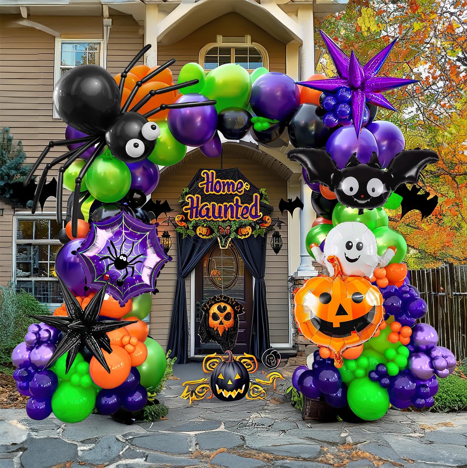 Halloween Balloon Garland Arch Kit, 133pcs Orange and Black with Spider Web Bat Ghost Pumpkin Eyes, Long Balloons for Halloween 