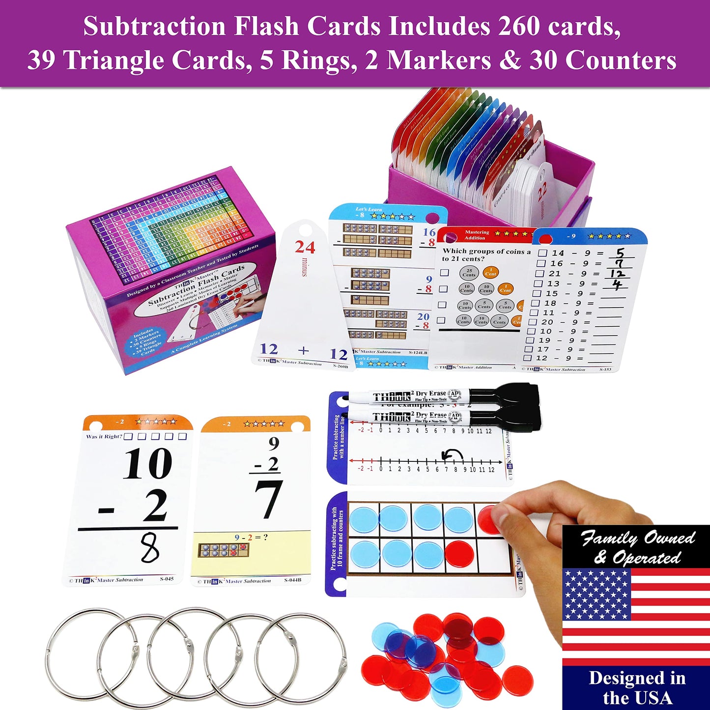 Think2Master Addition, Subtraction & Multiplication Flash Cards. This 3 Pack Includes 780 Laminated Cards To Learn How To Add, Subtract, Multiply, Divide. Plus 6 Dry Erase Markers & 15 Rings