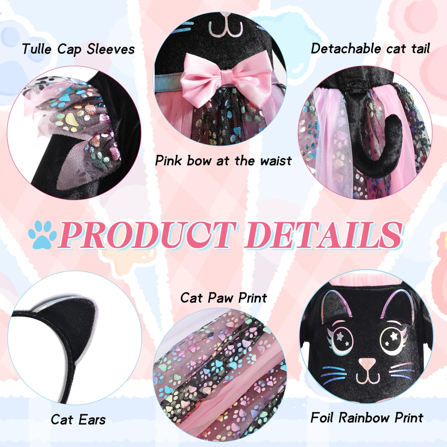 Lingway Toys Cute Cat Dress Costume For Girls,Cat Halloween&Themed Party Cosplay Animal Dress Tail 3-4Years