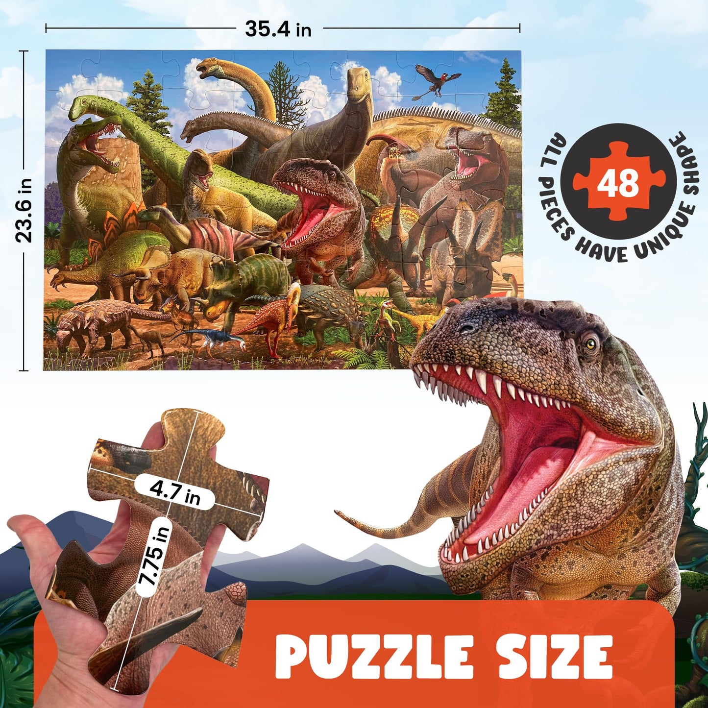48 Piece Jumbo Dinosaur Floor Puzzle - Large Size (3 x 2 ft) - All Pieces Unique Shape - 25 Realistic Dinos Illustration - Gifts for Boys Girls Toddlers Kids Ages 3-5 2-4 4-6 Year Old