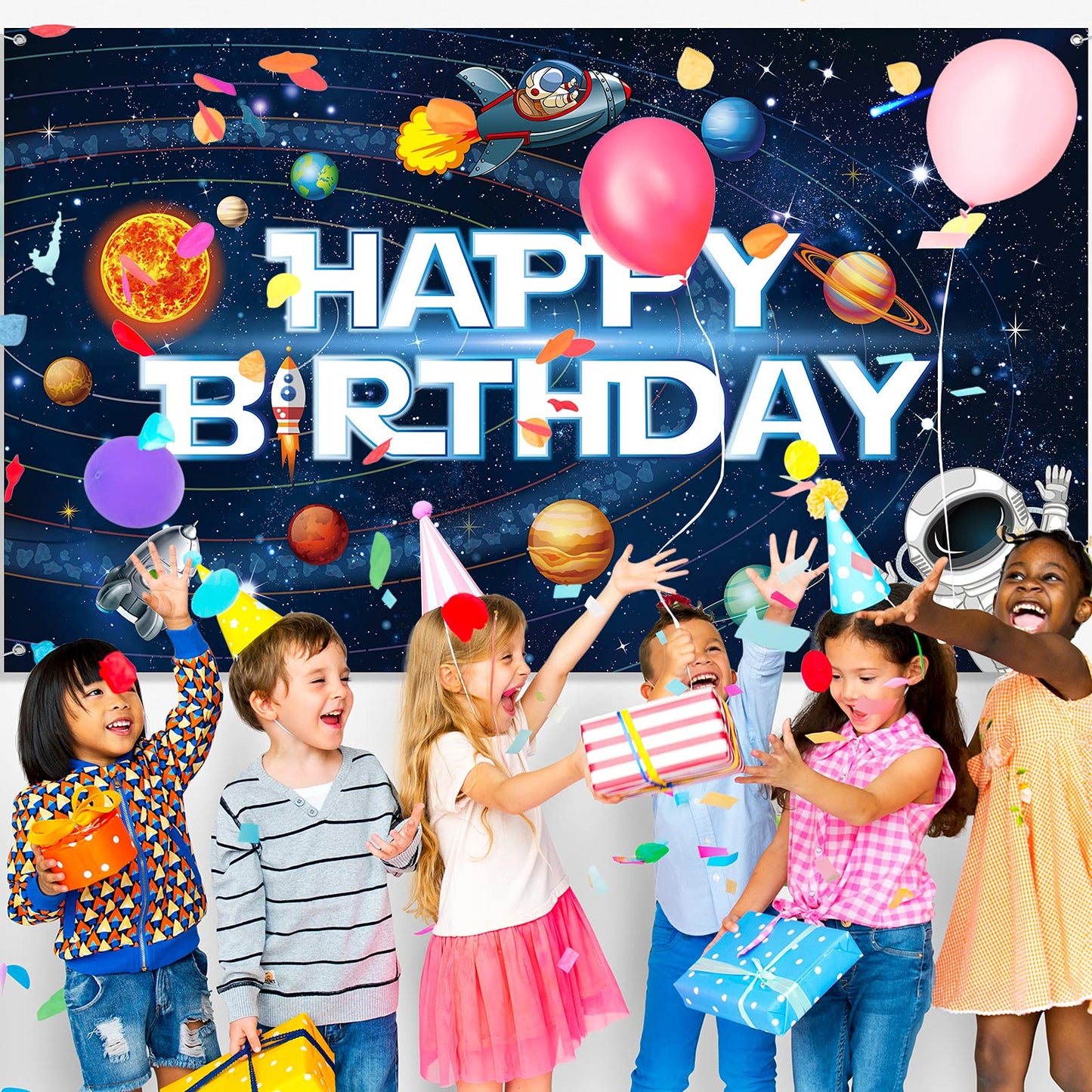 Sumind Astronaut Rocket Birthday Banner - 72.8x43.3in Multicolor Poster for Kids Space Party Decorations