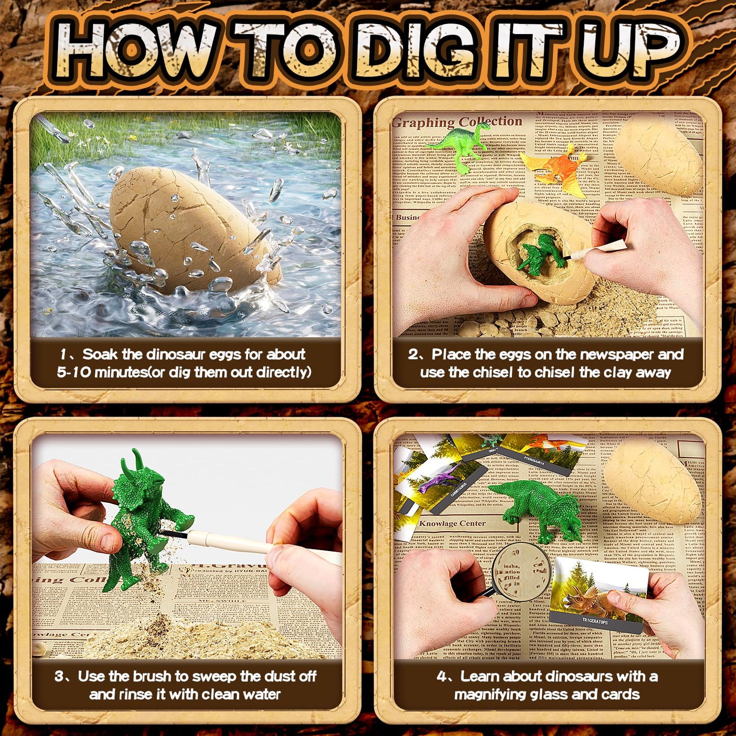 Uregoio 24 Dinosaur Eggs Dig Kit Toys For Kids, Dinosaur Eggs Excavation Kit With Magnifier & Newspaper, Science Stem Christmas