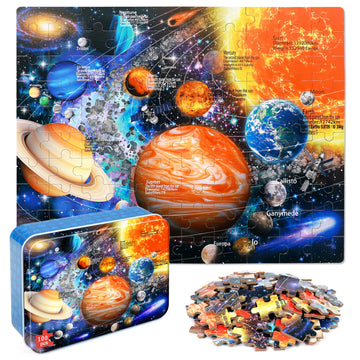 Lelemon Solar System Jigsaw Puzzles In A Metal Box 100 Pieces Space Star Jigsaw Puzzle For Kids Ages 4-8 Children Learning Educa