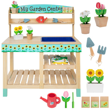Svan Wooden Toy Gardening Center Indoor Playset - 22 Pc Garden Stand Set W Flowers, Seed Packets, Pots, Shovel Rake Apron Watering Pot- Great Interactive & Fun Pretend Playtime, Gift For Boys Girls