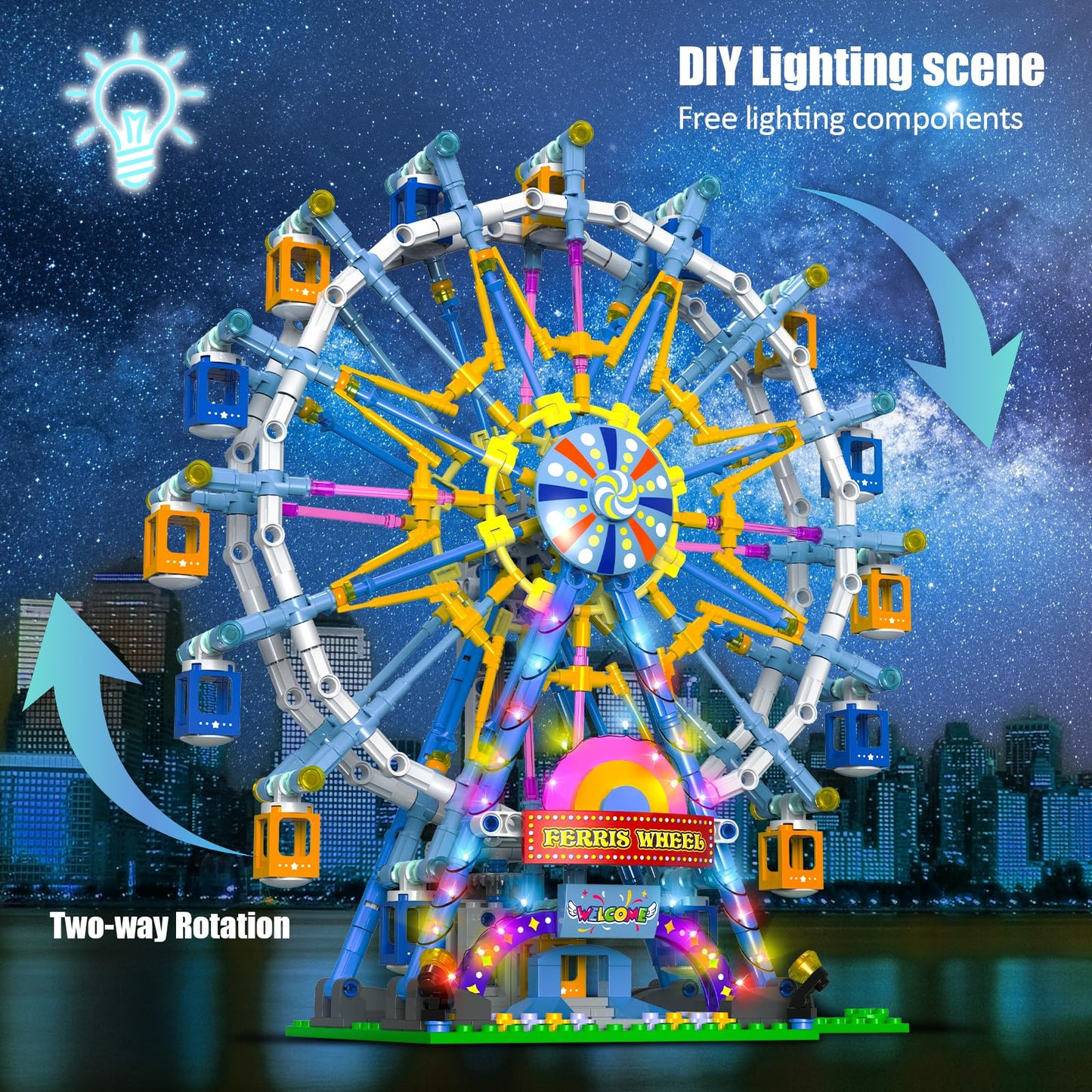 2024 Newly Upgrade Ferris Wheel Building Set With Fairy Light, Two-Way Rotating Ferris Wheel Building Blocks Set Of 813 Pcs, Amu