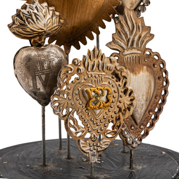 Decorative Tin Sacred Hearts On Wood Pedestal With Glass Cloche