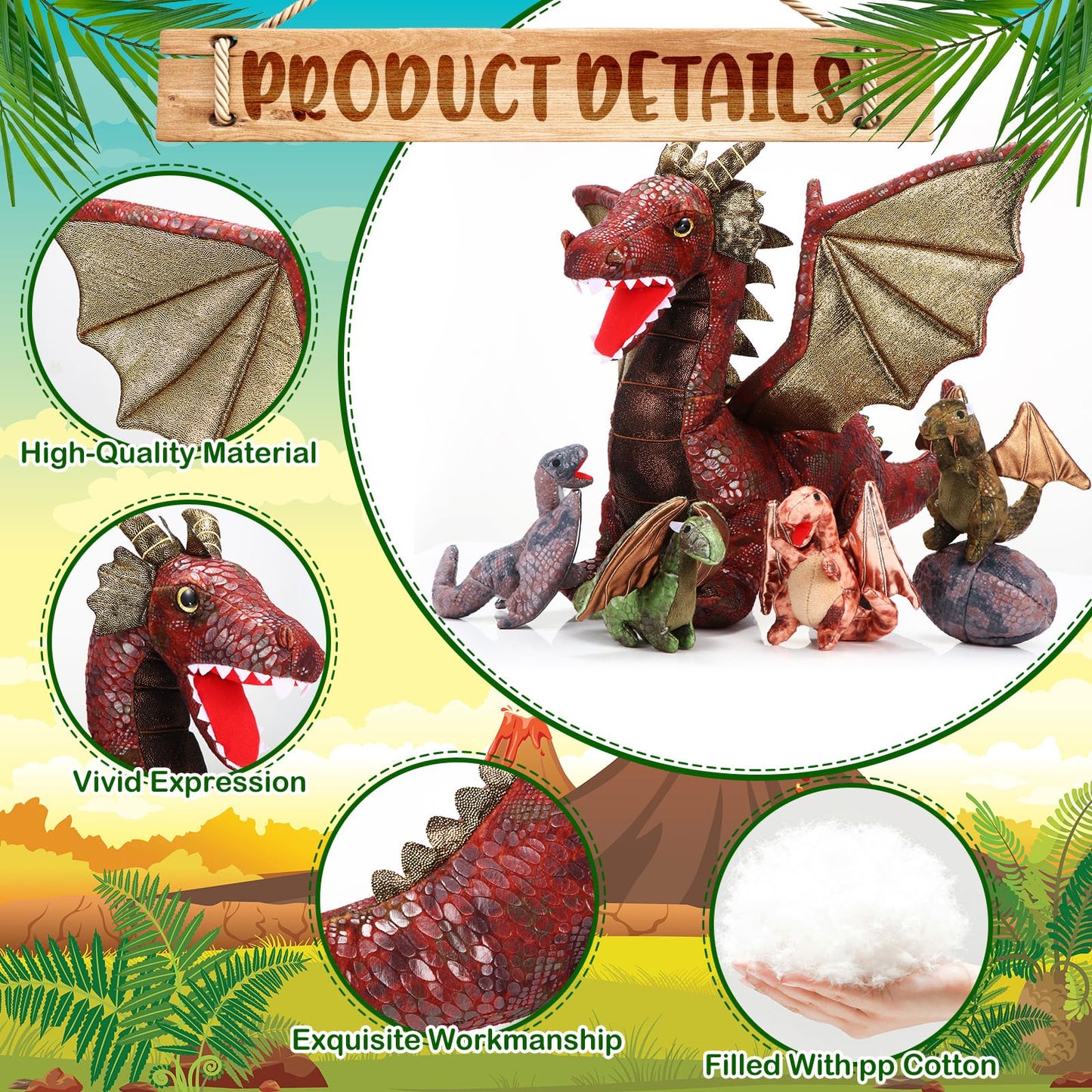 Deekin 7 Pcs Dragon Toy Set - 16 Large Stuffed Animal with 4 Baby Plush & 2 Eggs - Retro Dinosaur Gifts for Boys & Girls