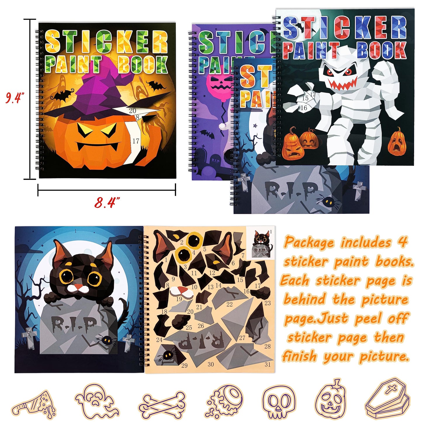 90shine 4PCS Halloween Crafts for Kids Ages 4-8 Sticker Books Gift Party Favors Create 40 Pictures