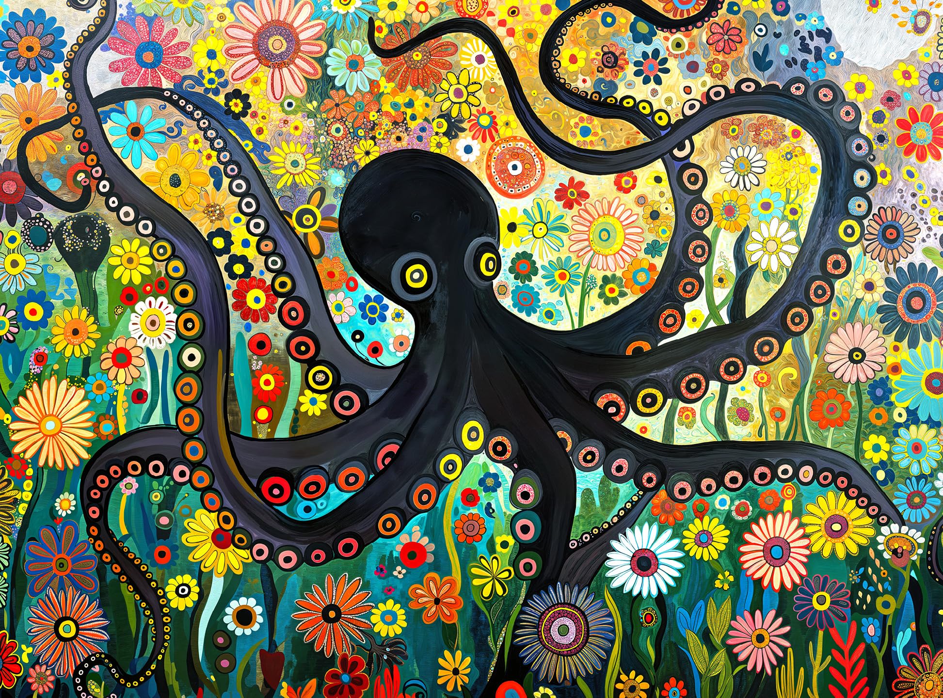 Cross & Glory - The Octopus Who Grew Flowers - 1000 Piece Jigsaw Puzzle For Adults | Vibrant Octopus And Floral Artwork | Challe