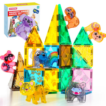 Syncfun Magnetic Building Tiles Jungle Animal Set For Kids, 50Pcs Including 7 Cute Animals, Educational Stem Toy For Boys & Girl