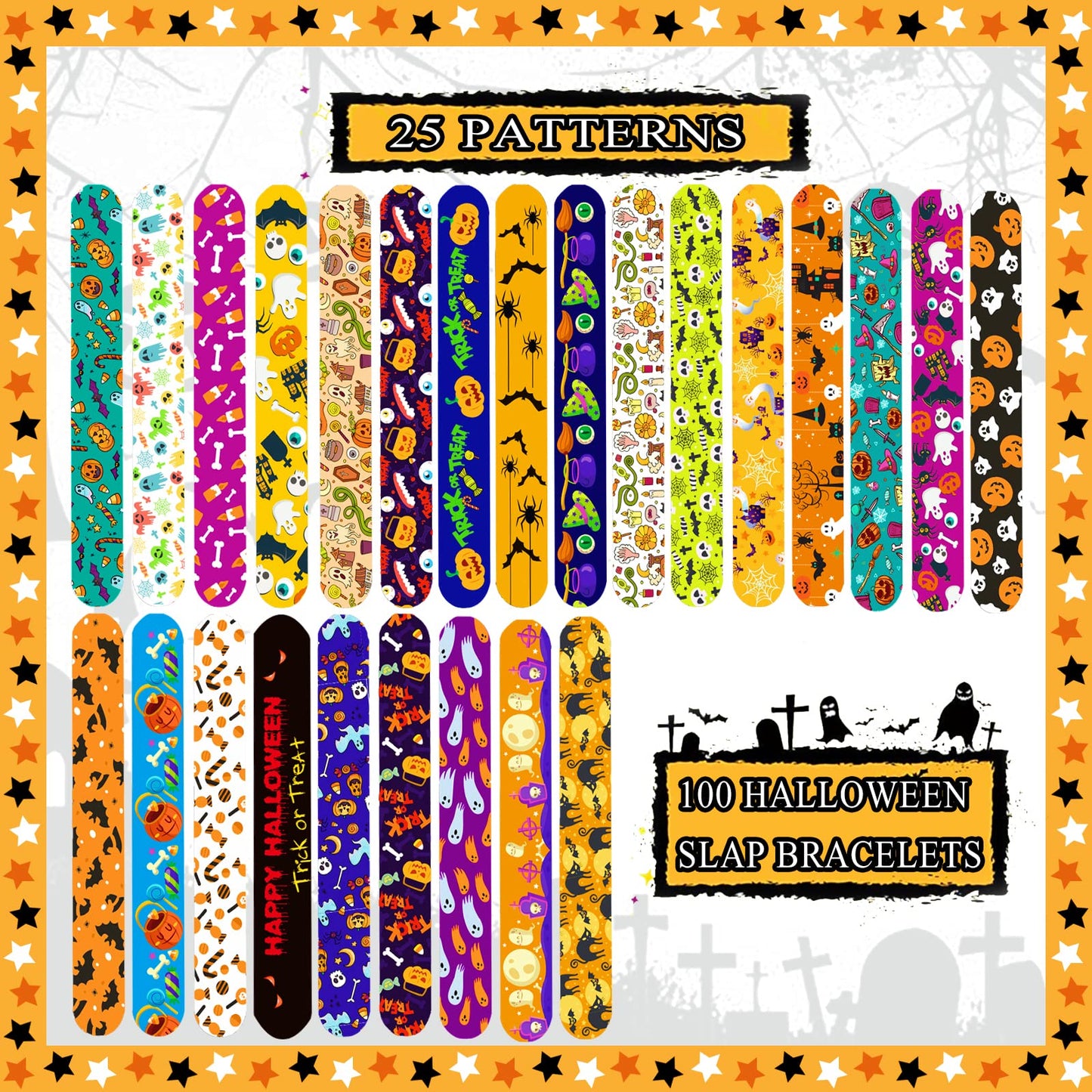 Halloween Slap Bracelets for Kids, 100 Halloween Bracelet Toys Bulk For Kids Girls Boys, Trick or Treat Party Favors, Classroom