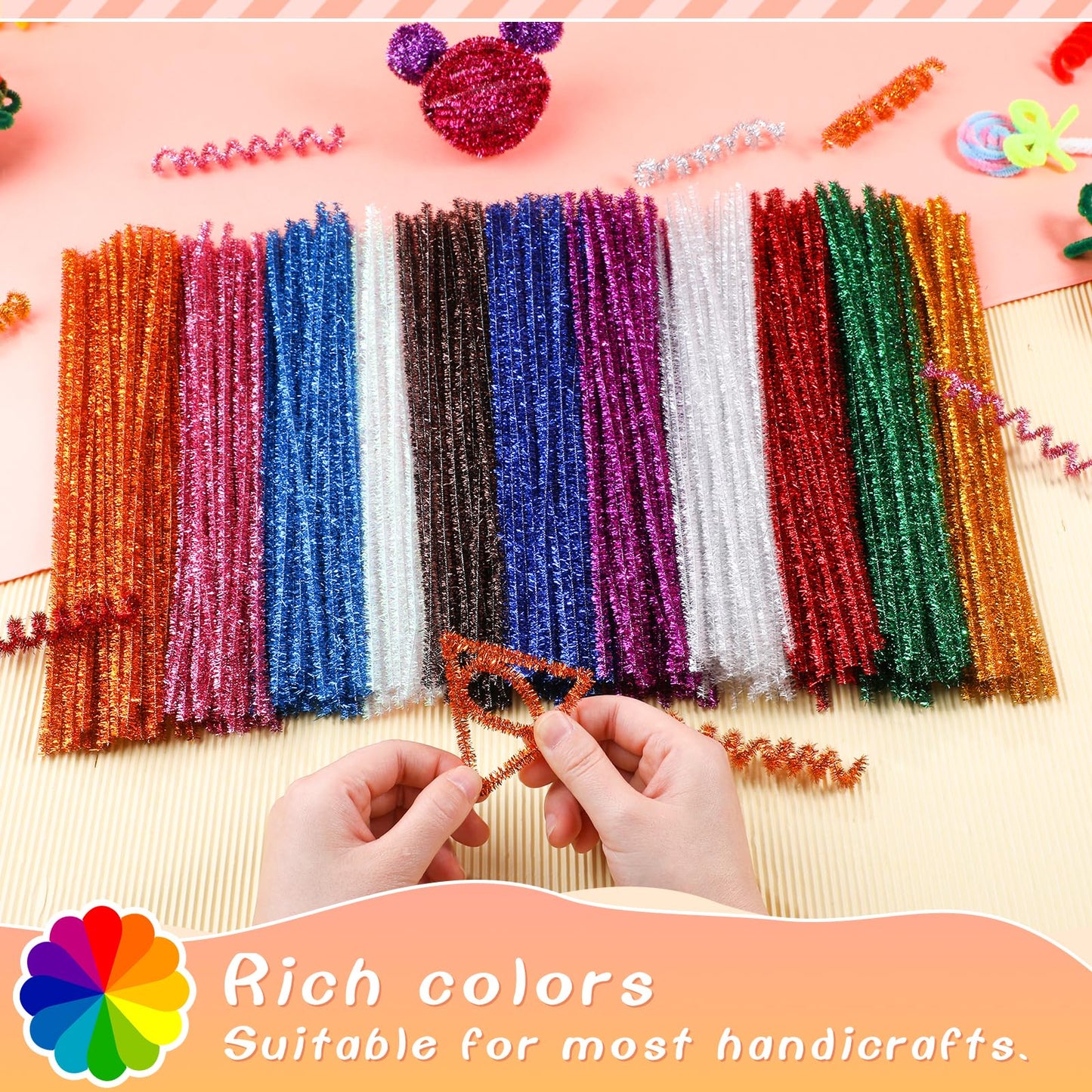 Giwrmu 100 Pieces Pipe Cleaners Chenille Stem, Glitter Laser Color Pipe Cleaners Craft, Fuzzy Sticks Craft Supplies, Colored Pip