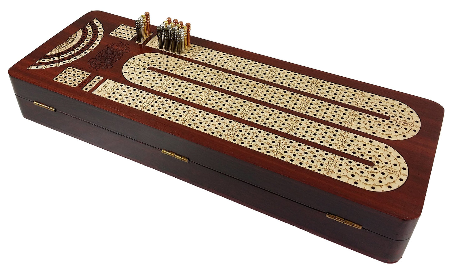 14' 4 Track Continuous Cribbage Board W/ Card Storage Maple Tracks On Bloodwood - Corner, Skunk & Games Won