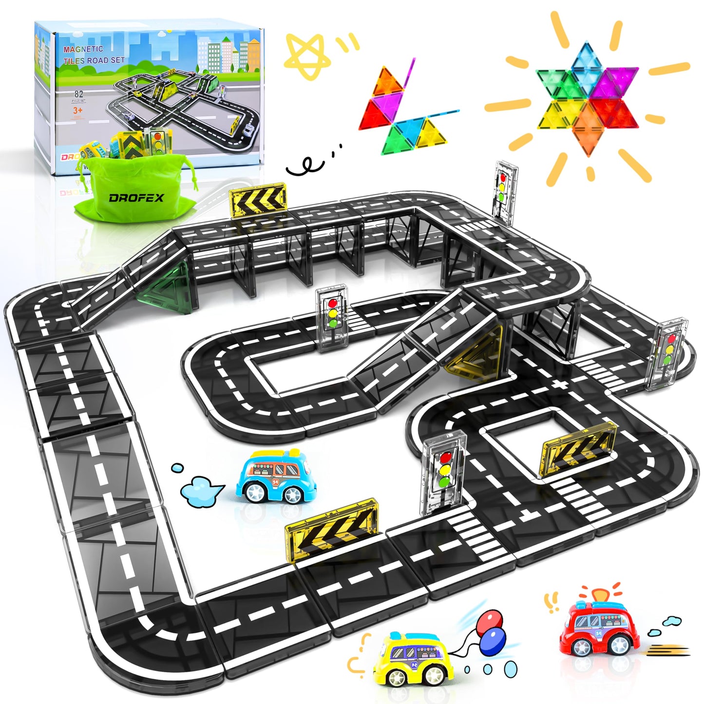 Drofex 82Pcs Magnetic Tiles Road, Magnetic Building Blocks Construction Toys For 3+Year Old Boys Girls, Kids Toys Montessori Toy