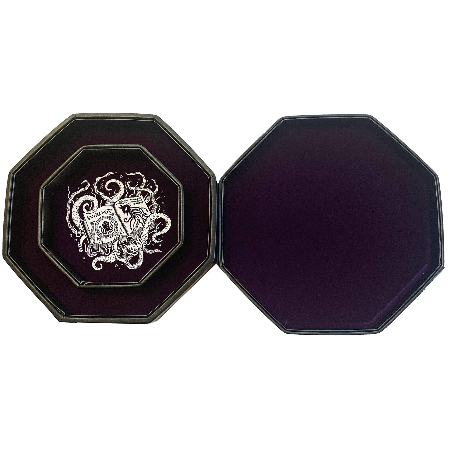 Fantasydice-Cthulhu Tome-Purple- Dice Tray - 8'' Octagon with Lid and Dice Staging Area- Holds 5 Sets(7 Dice Set/Standard) for A
