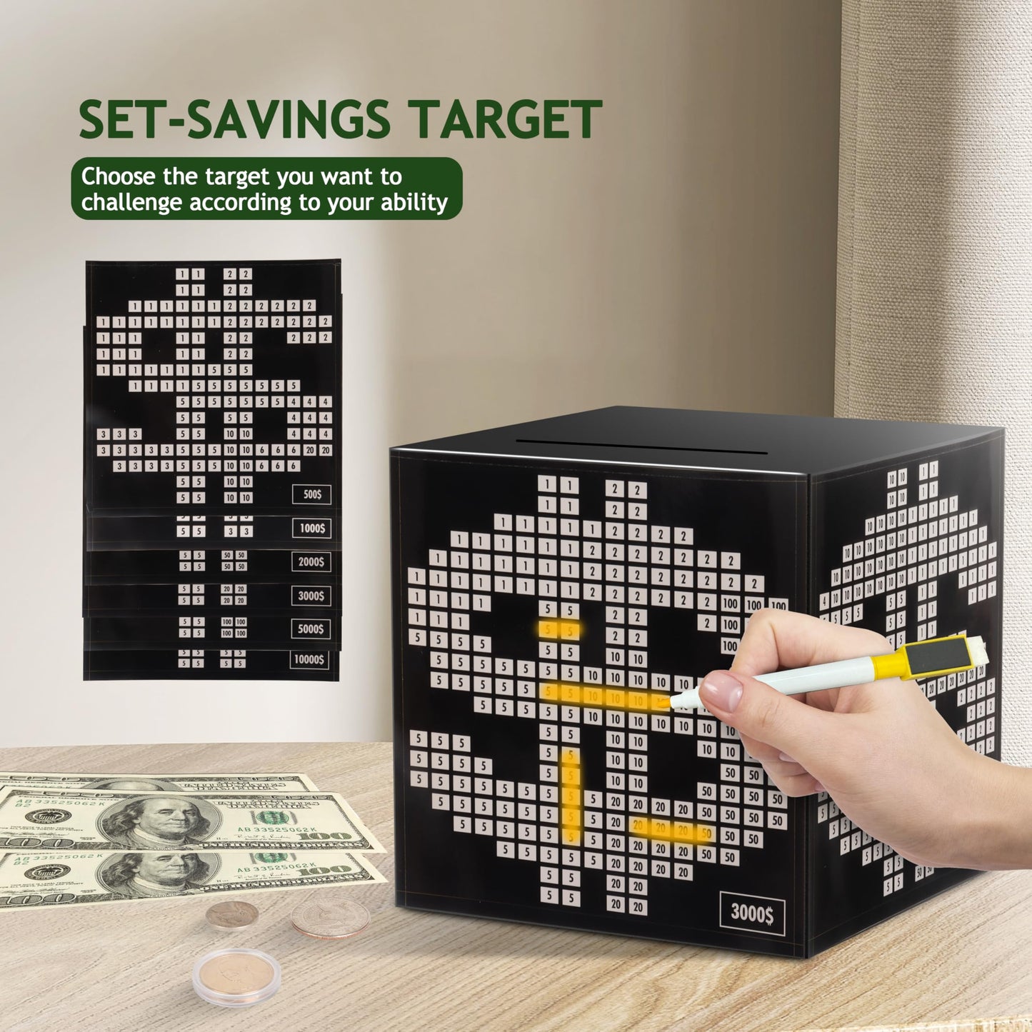 Primo Lines Piggy Bank For Adults,10K Savings Challenge Box, 4.72Inch Money Saving Box 10,000 With Counter For Savings Goal $300