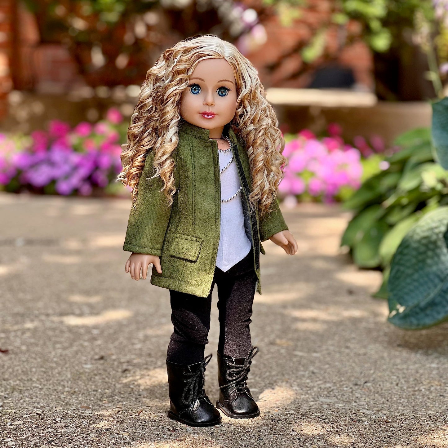 - Autumn Stroll - 4 Piece Outfit For 18 Inch Doll - Green Coat, White Blouse, Black Velvet Leggings, Black Boots (Dolls Not Included)