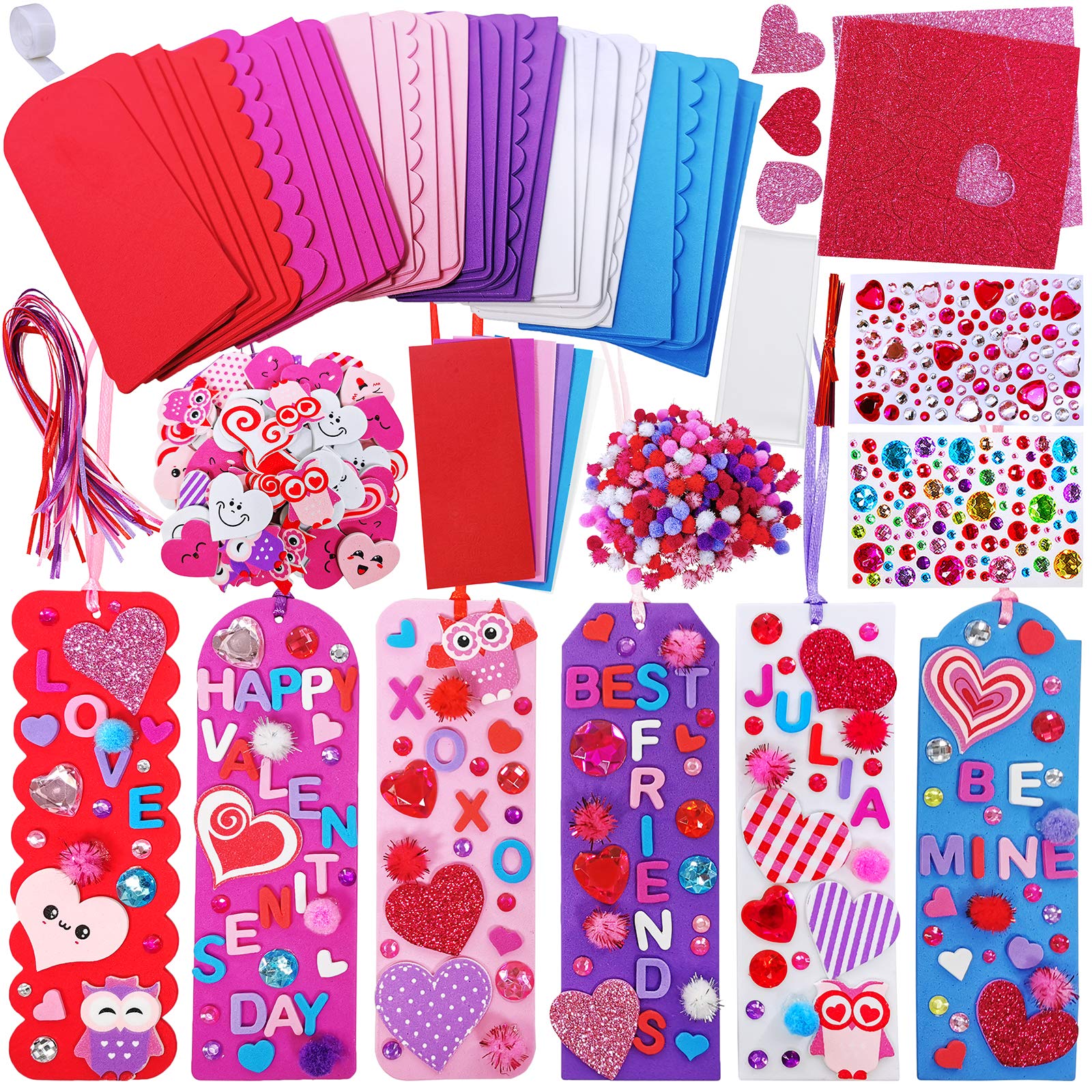 Winlyn 36 Sets Valentine Decorations DIY Bookmarks Valentine Craft Kit Blank Foam Bookmarks with Smile Face Hearts Owl Alphabets