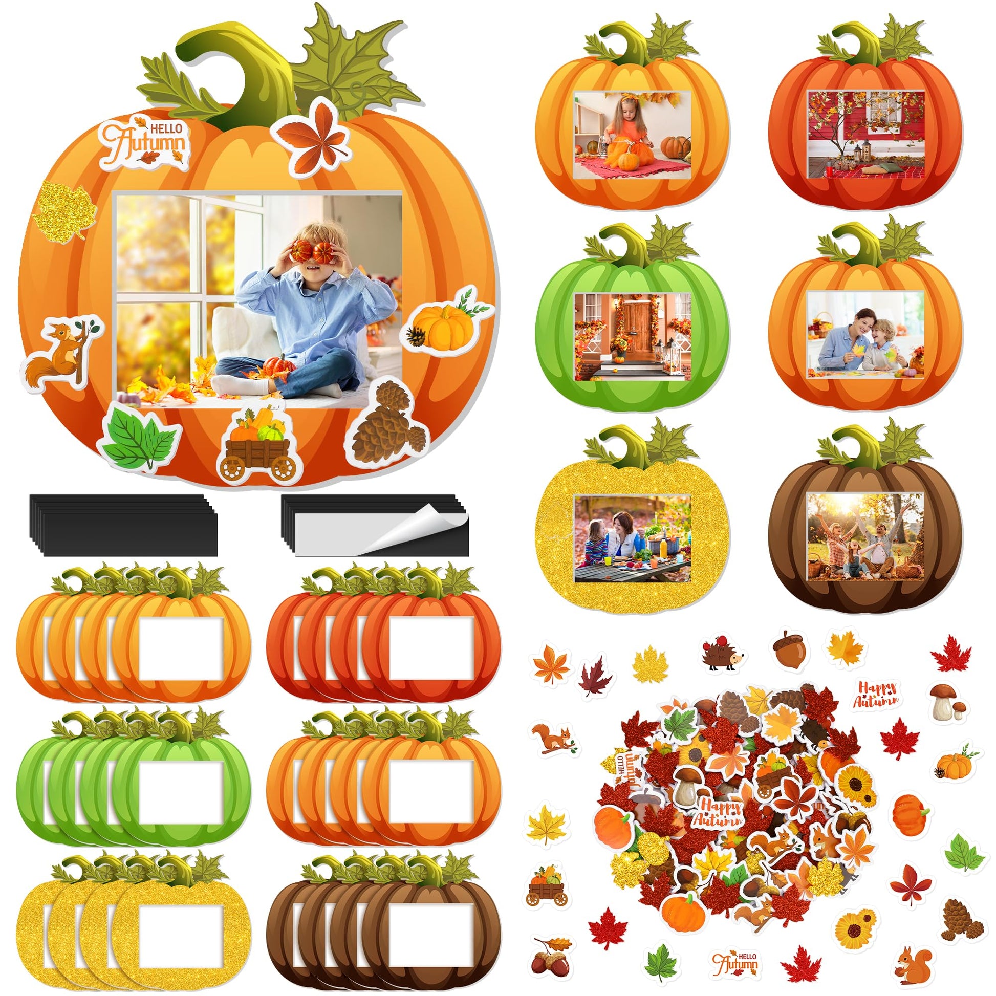 Fovths 24 Pack Fall DIY Foam Picture Frames Craft Kit Thanksgiving Autumn Pumpkin Photo Frame Ornaments with 300 Stickers for Th