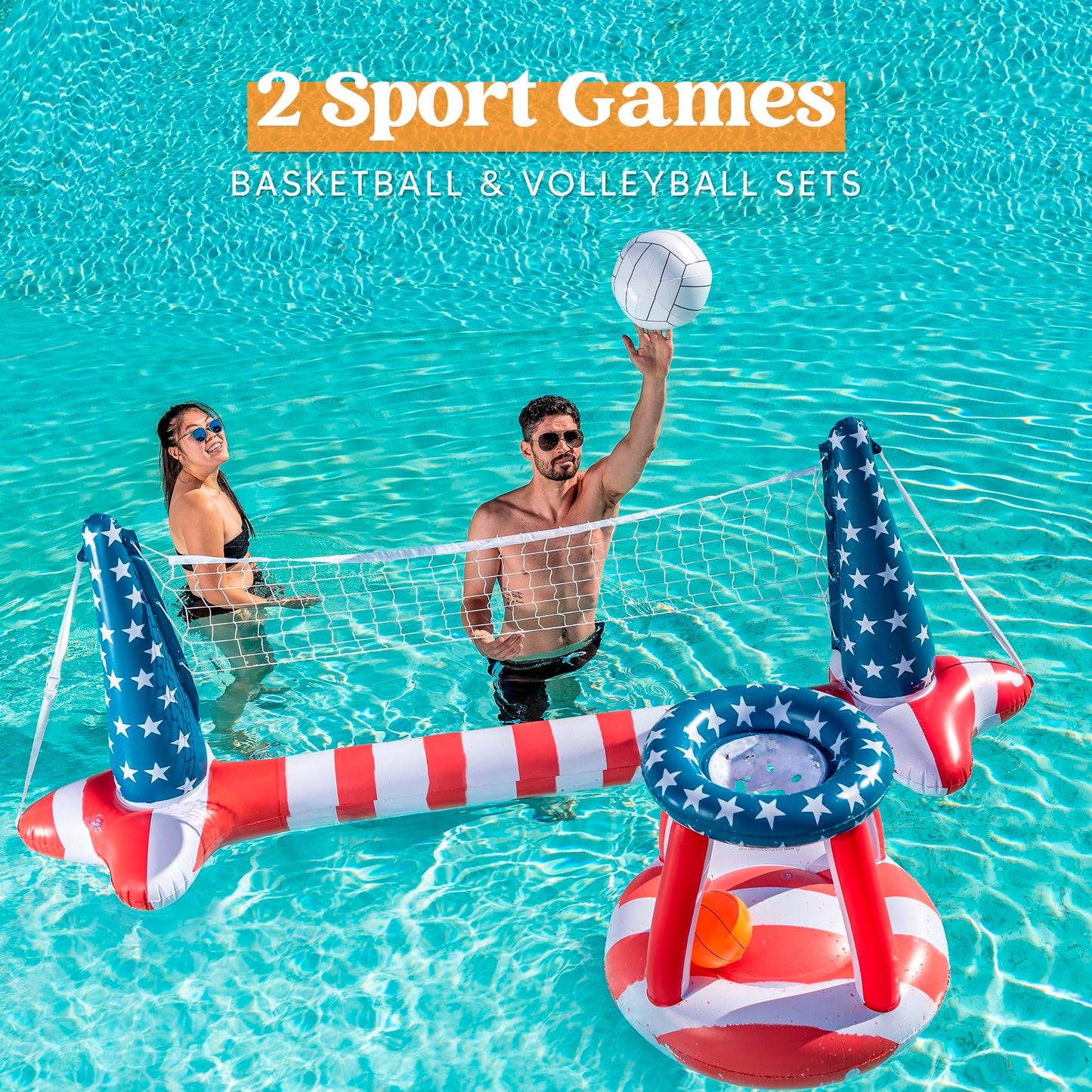 Inflatable Pool Floats Set American Flag Volleyball Net & Basketball Hoops, Swimming Pool Game Toy For Kids And Adults, Floating, Volleyball Court (105”X28”X35”)|Basketball (27”X23”X27”), Red White