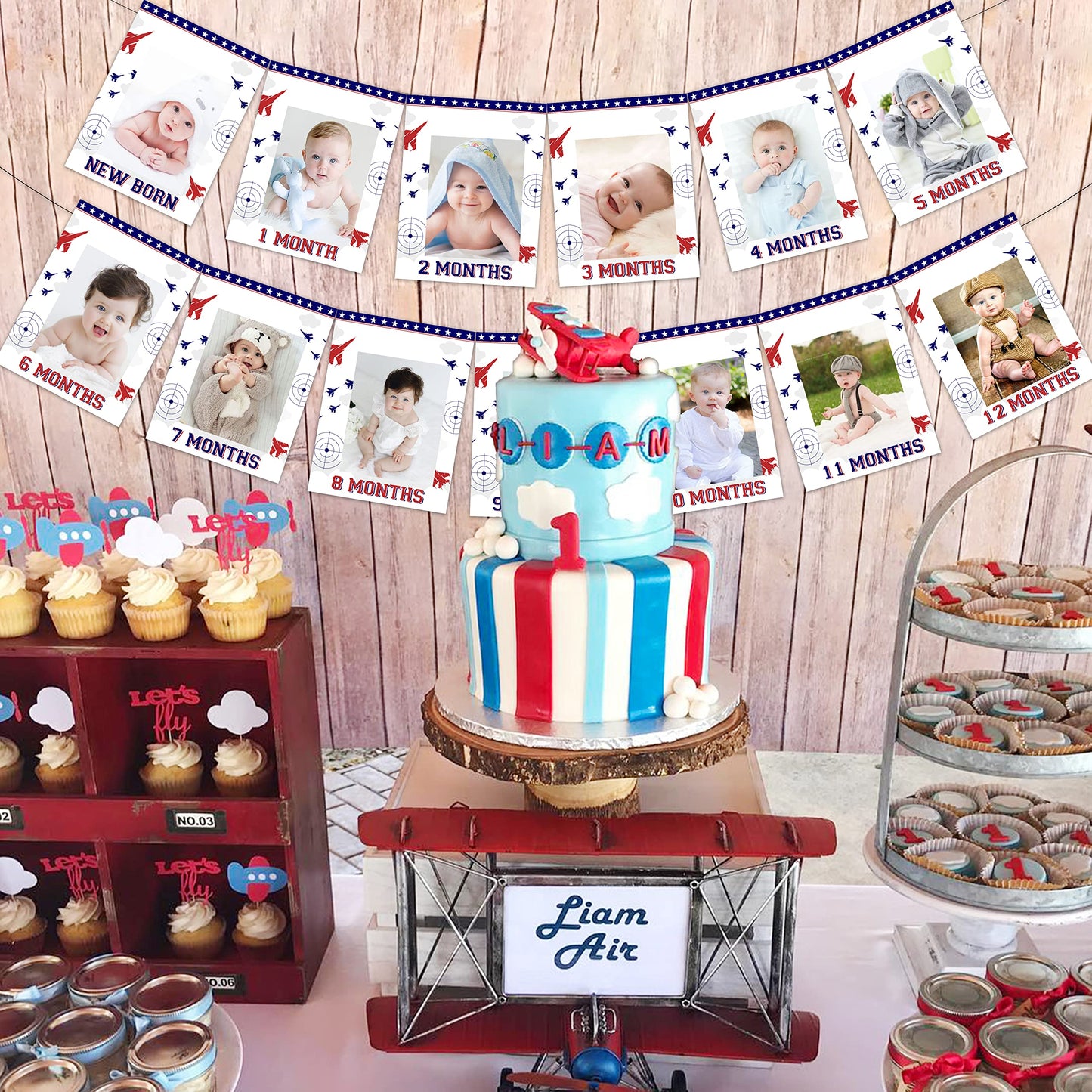 Fighter Jet Birthday Party Decorations Airplane Photo Banner for Boys 1st Aircraft Birthday Party Blue and Red Airplane Jet Birt