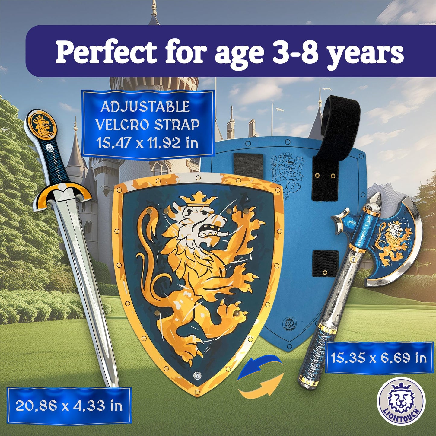 Liontouch - Noble Knight Toy decorative replica blade  Shield & Axe  Blue | Medieval Pretend Play Set in Foam for Children with Golden Lion Theme | Safe  & Combat Accessories for Dress Up & Costumes for Boys