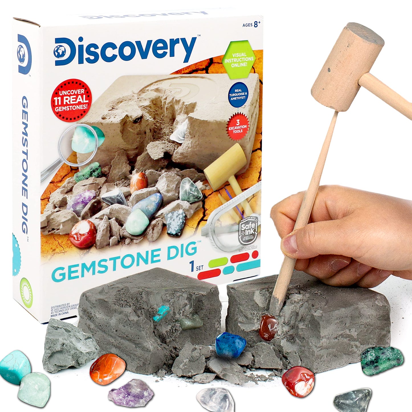 Discovery Kids Gemstone Dig Stem Science Kit by Horizon Group Usa, Excavate, Dig & Reveal 11 Real Gemstones, Includes Goggles, E