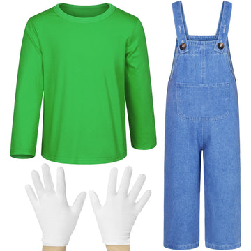 Mavoka Plumber Costume For Kids Shirt Overalls Glove Boys Halloween Party Cosplay 6-7 Years Green