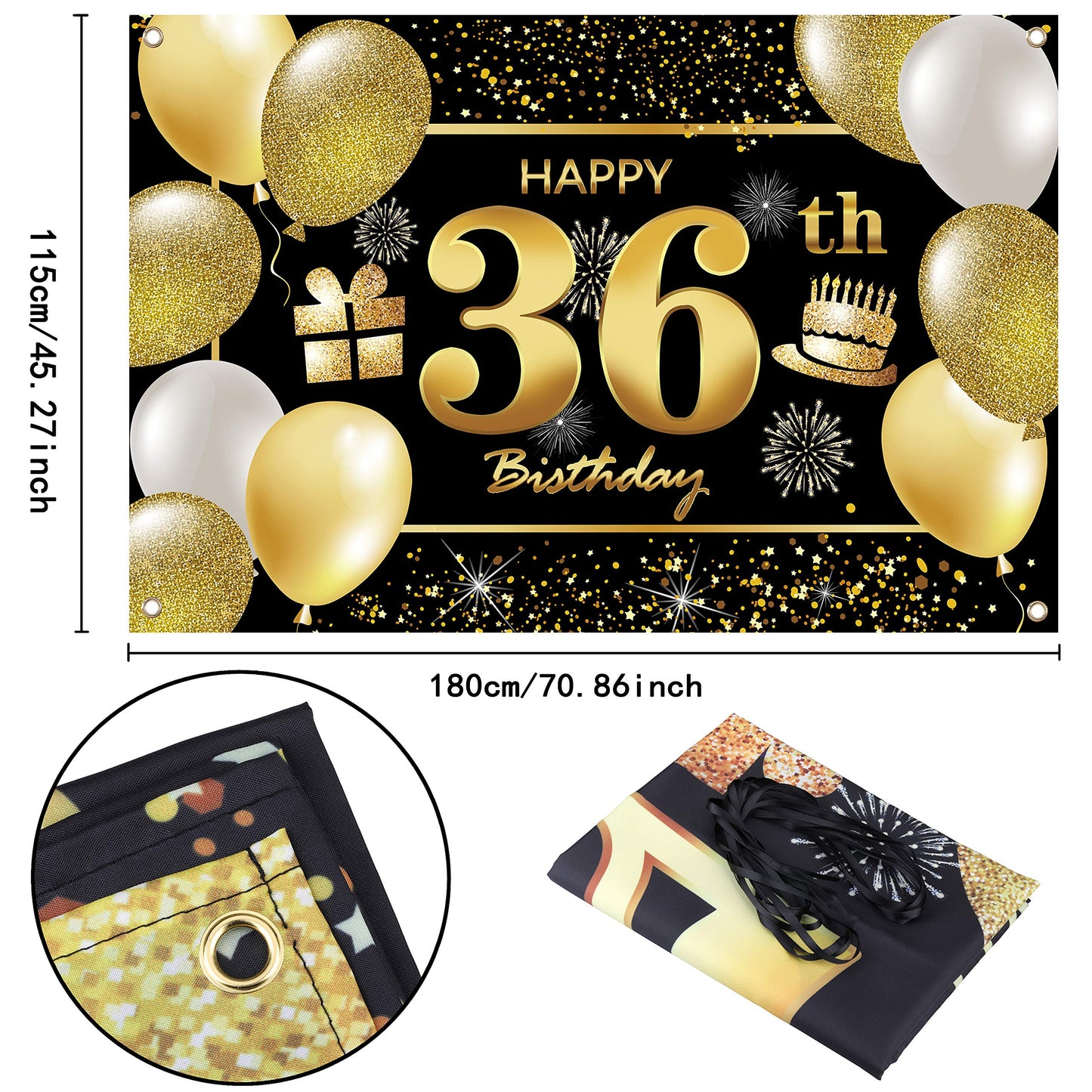 IMISI 36th Birthday Banner - Black Polyester Decorations for Men Birthday Party Backdrop