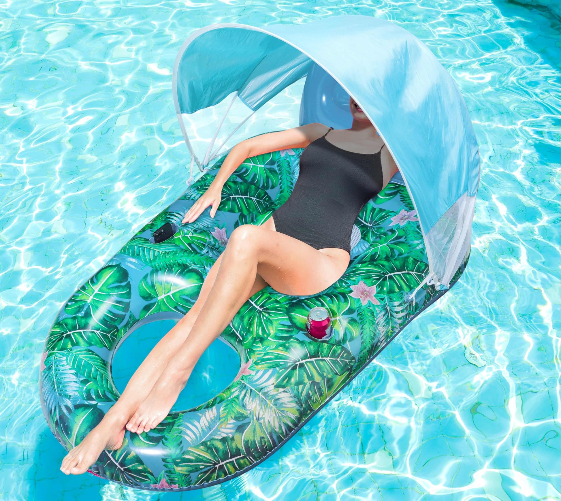 Finduwill Pool Floats With Canopy Adults - Xl Large Pool Float Lounger With Cup Holder, Removable Sun Shade Cover, Inflatable Po