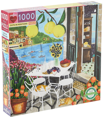 Eeboo: Piece And Love Cats In Positano 1000 Piece Square Adult Jigsaw Puzzle, Puzzle For Adults And Families, Glossy, Sturdy Pieces And Minimal Puzzle Dust