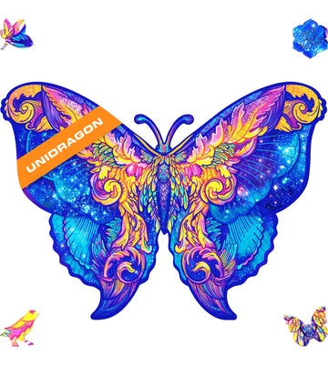 Unidragon Original Wooden Jigsaw Puzzles - Intergalaxy Butterfly, 108 Pcs, Small 9''X6.7'', Beautiful Gift Package, Unique Shape