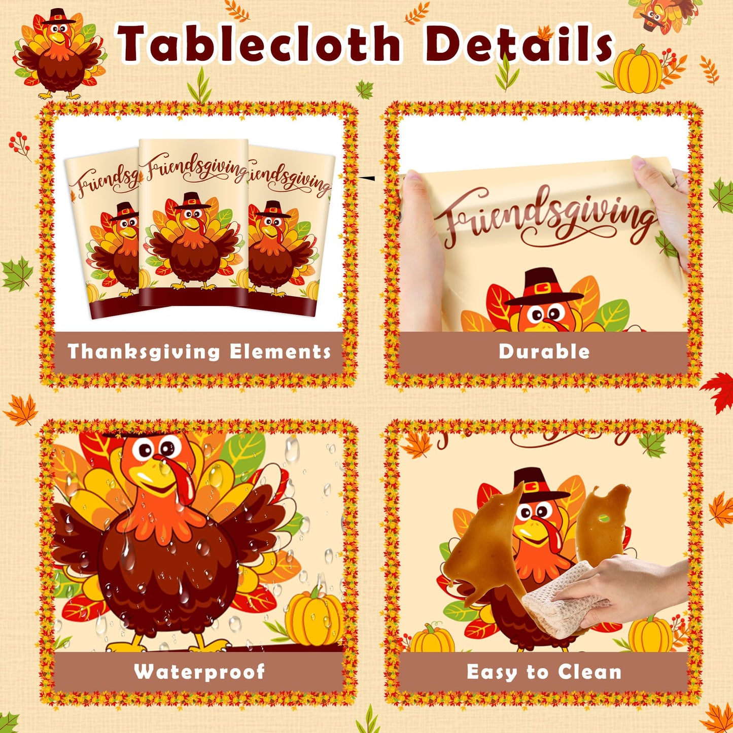 Siawoy 3 Pack Plastic Thanksgiving Tablecloth Disposable,Rectangle Turkey Tablecloth,Vinyl Large Friendsgiving Table Cover for F