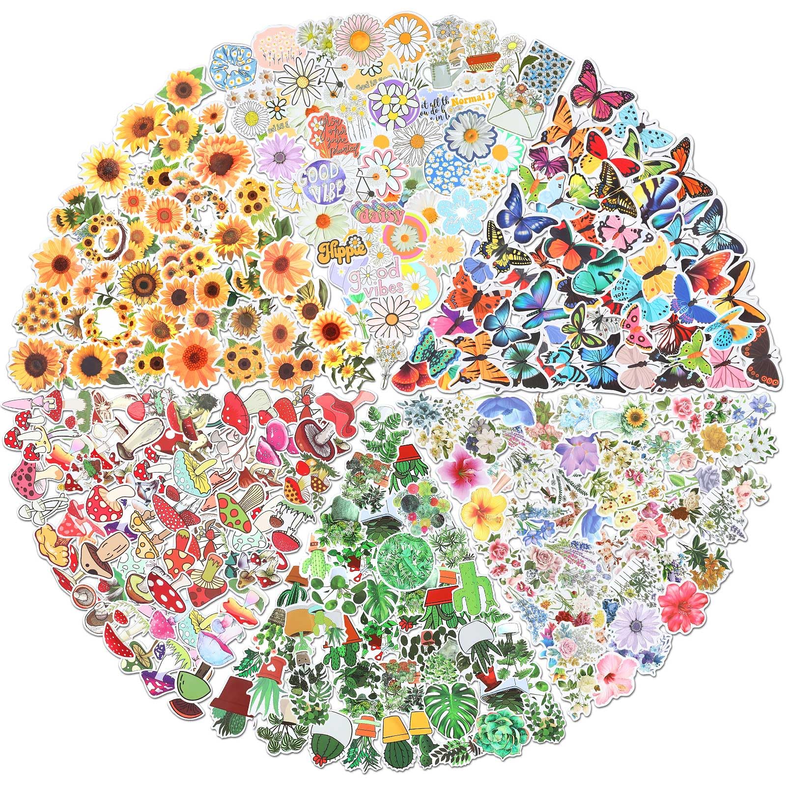 DTOFOOT 300 PCS Plant Flower Stickers - Waterproof Vinyl, Sunflower, Green Leaf, Mushroom Stickers for Laptop, Phone, Skateboard