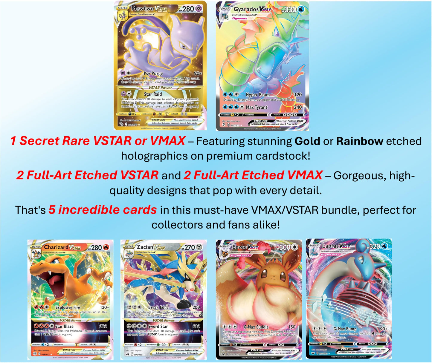 5 Pokemon Card Vmax/Vstar Bundle - X2 Vstar - X2 Vmax - X1 Secret Rare - No Duplicates