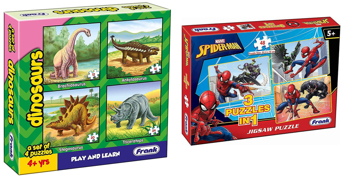 Frank Cat;Dinosaur Puzzle for 4+ Years, Set of 4 & Spider Man Jigsaw Puzzle for 5+ Years, Set of 3, Multicolour