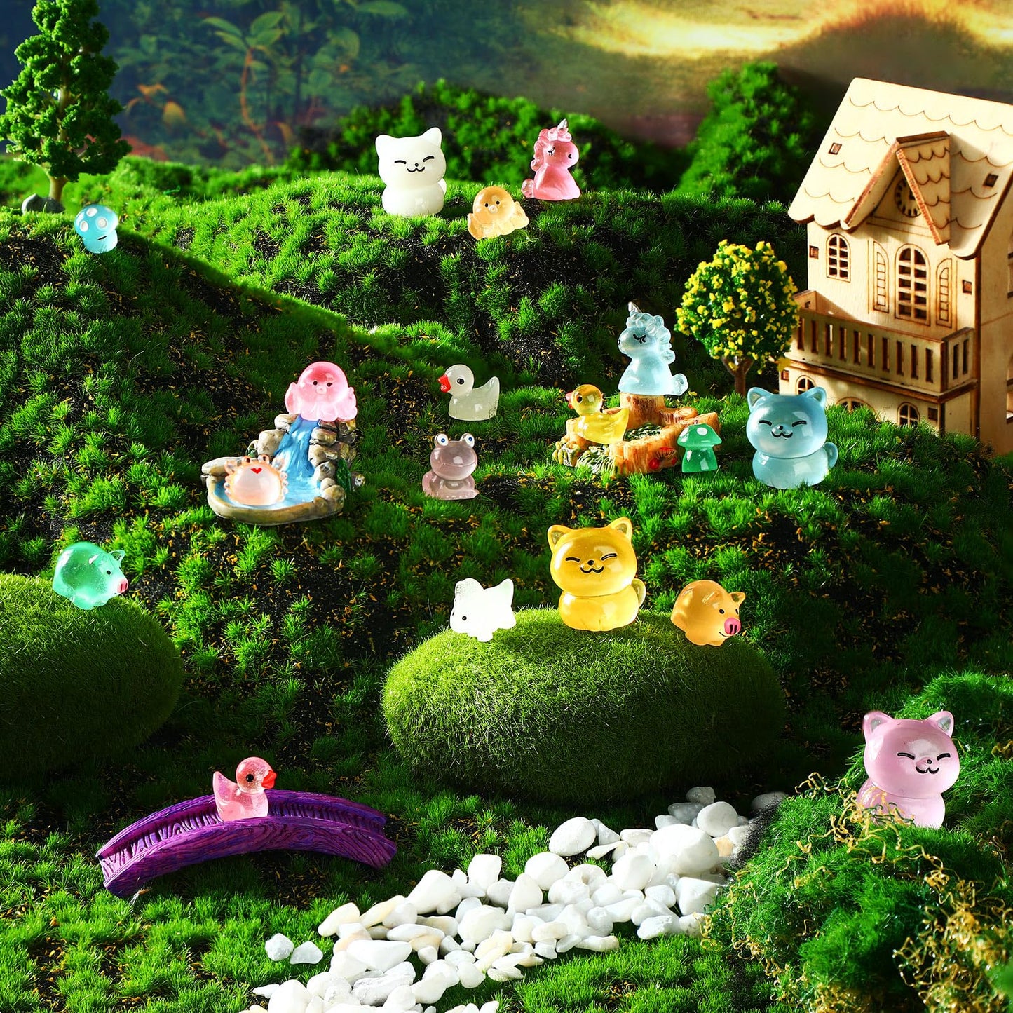 Seenelling 240 Pcs Mini Resin Animals 10 Lively Style Miniature Resin Animals Tiny Luminous Animals Figures Bulk for Micro Garde