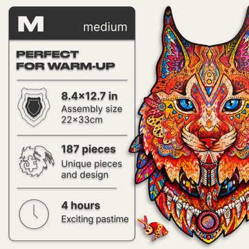 Unidragon Original Wooden Jigsaw Puzzles - Gentle Lynx, 187 Pieces, Medium Size 8.4'' ?12.7, Beautiful Gift Package, Unique Shap