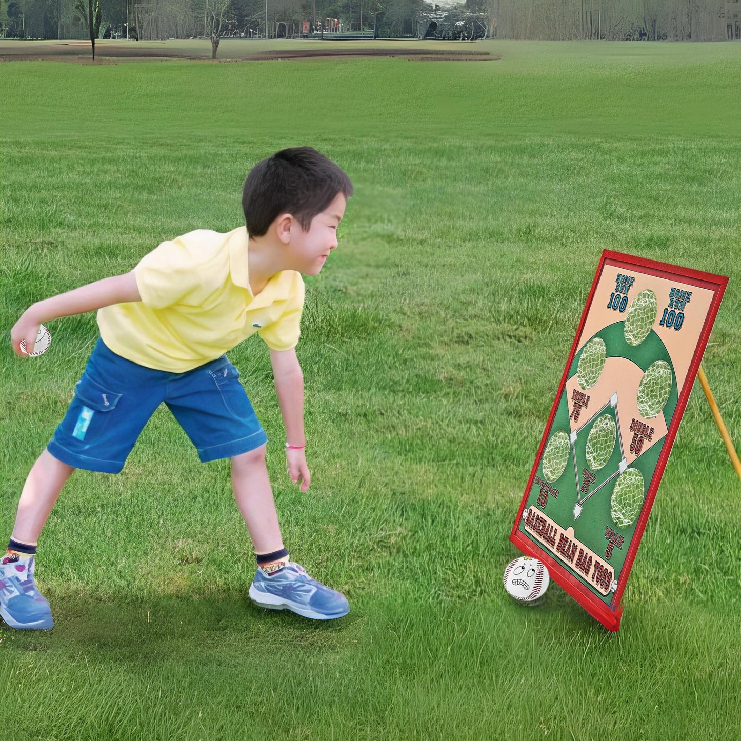 Baseball Bean Bag Toss Game - Wood Game Board With 5 Bean Bags - Birthday Party Game